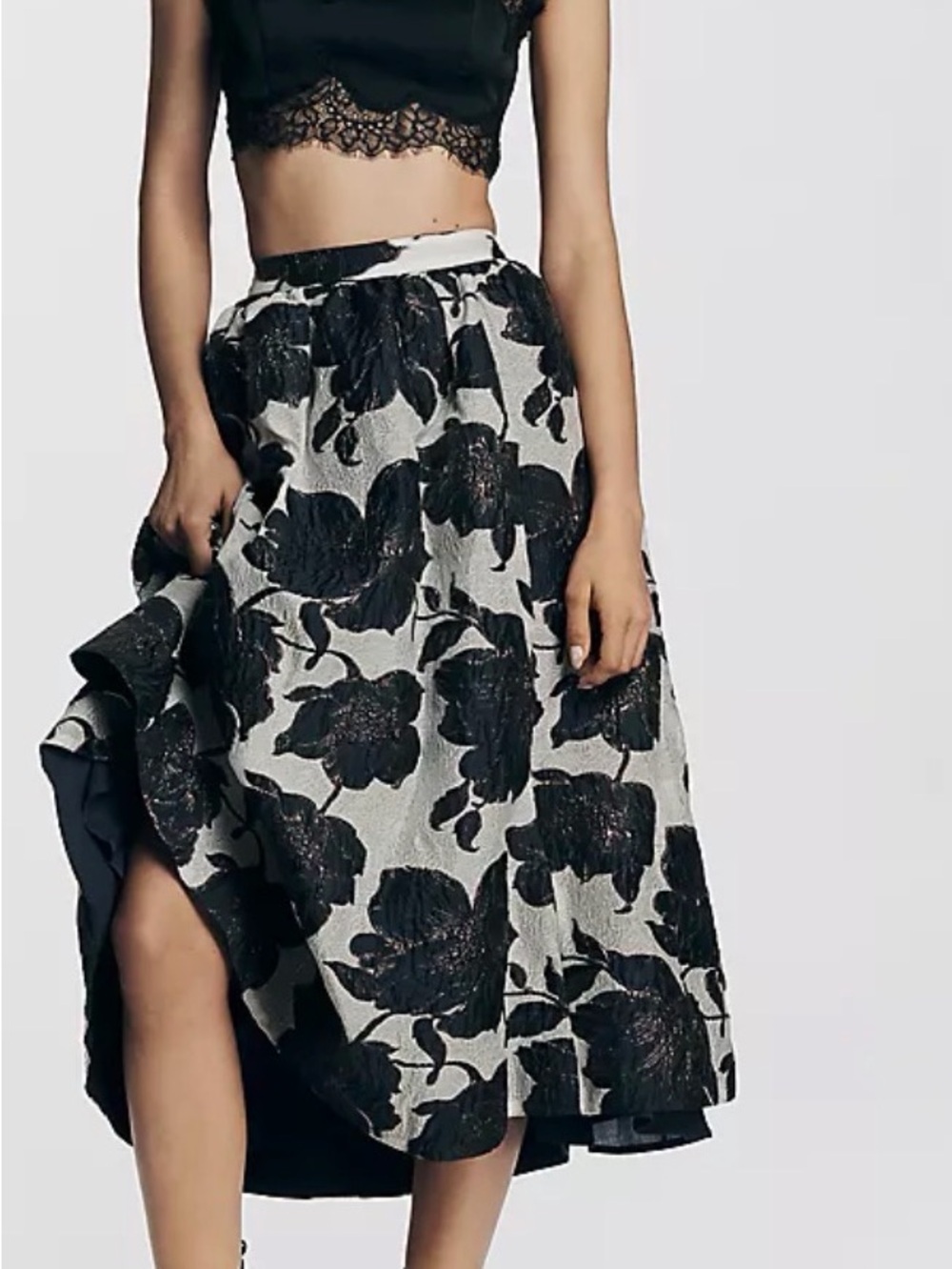 Anthropologie Black and White Floral Midi Skirt